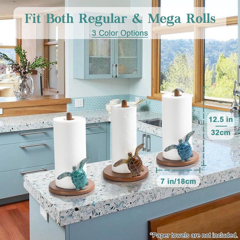 YLOVAN Turtle Paper Towel Holder - Coastal Decor for Home Ocean Decor Beach House Beachy Themed, Sea Turtle Gifts for Women, Cute Decorative Paper Towel Holder Stand Countertop Kitchen Nautical Teal Wood - Image 4